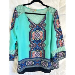 Figueroa Flower Turquoise Geometric Print‎ Lace Trim Tunic Top Women Medium